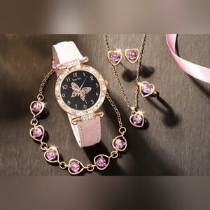 New 6 piece fashion butterfly quartz watch and rhinestone jewelry set, T1MIS